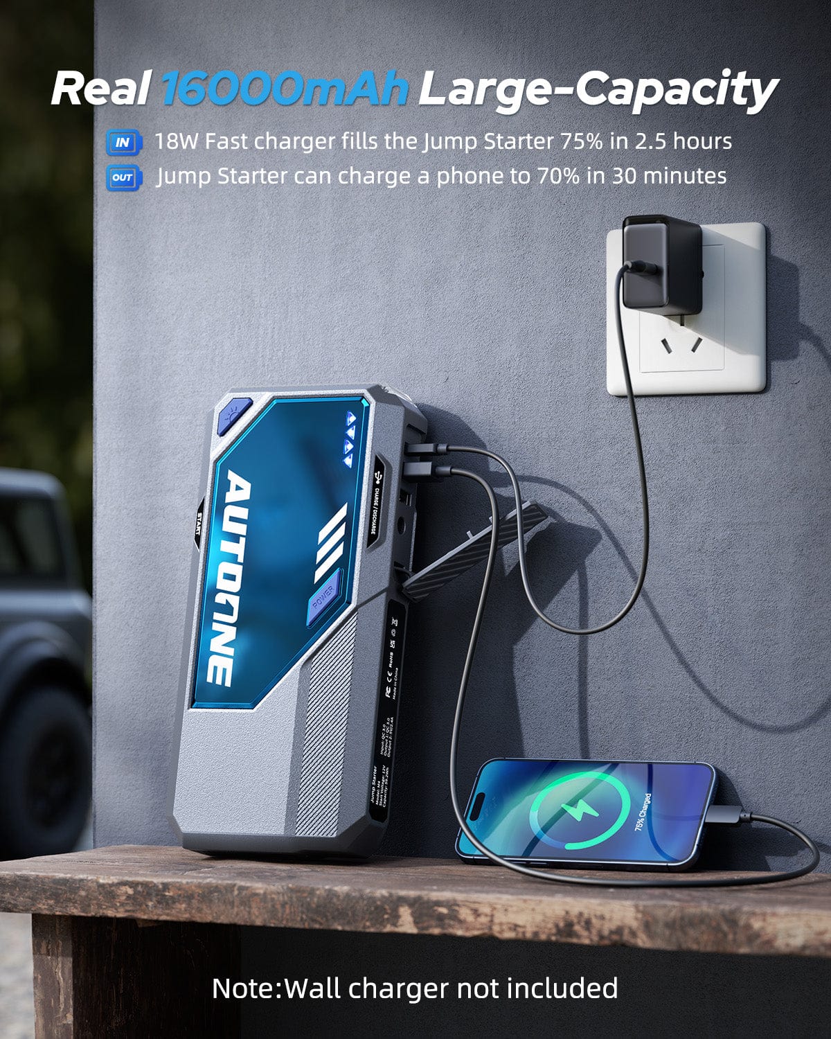 Autoone AUTOONE M4 Jump Starter 7500A Car Jumper Starter Portable, 12V Battery Jump Starter (All Gas/12L Diesel) Jump Box for Car Battery with Built-in Booster, Storage Case, LED Light, Jumper Cables