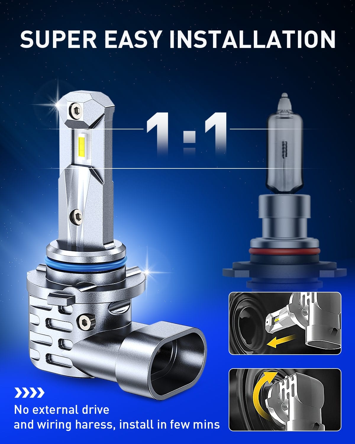 Autoone Headlight Bulb AUTOONE HB3 9005 LED Light Bulbs White, 6000K Super Bright, Fanless Mini Size, Plug and Play, Pack of 2