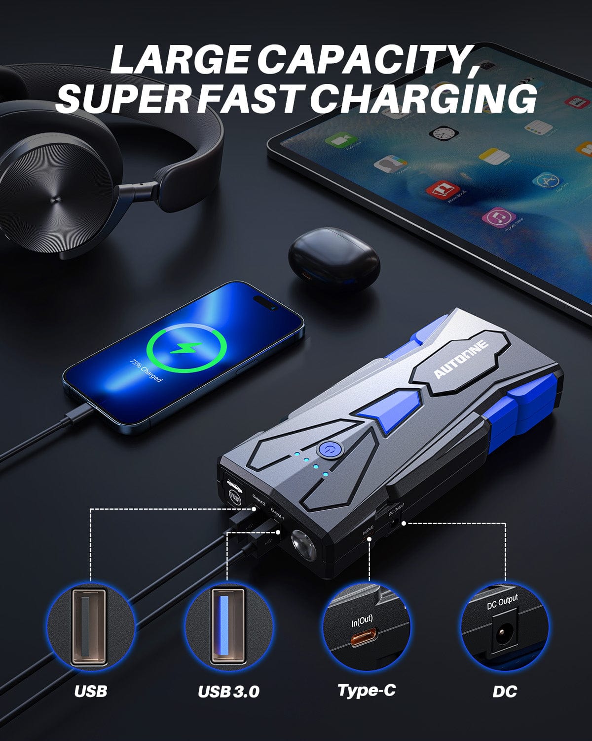 Autoone Lighting Assemblies 2024 AUTOONE 4500A Peak Current Car Battery Jump Starter