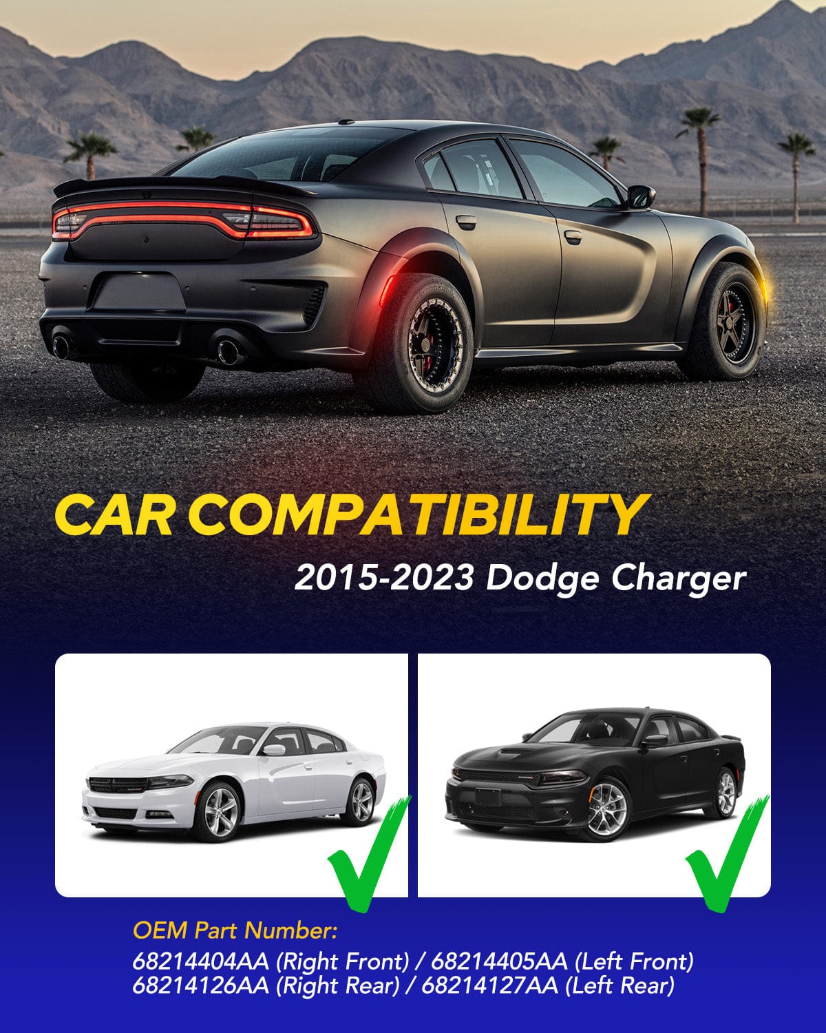 Autoone Lighting Assemblies AUTOONE LED Side Marker Lights Compatible with Dodge Charger 2015-2023, Front & Rear Fender Side Markers, Smoked Lens