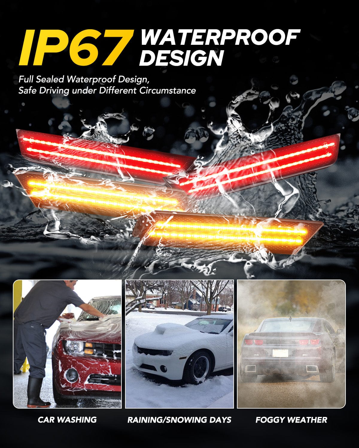 Autoone Lighting Assemblies AUTOONE LED Side Marker Lights Red & Yellow Compatible With 5th Gen Chevy Camaro 2010-2015, Turn Signal Amber & Brake Light Red