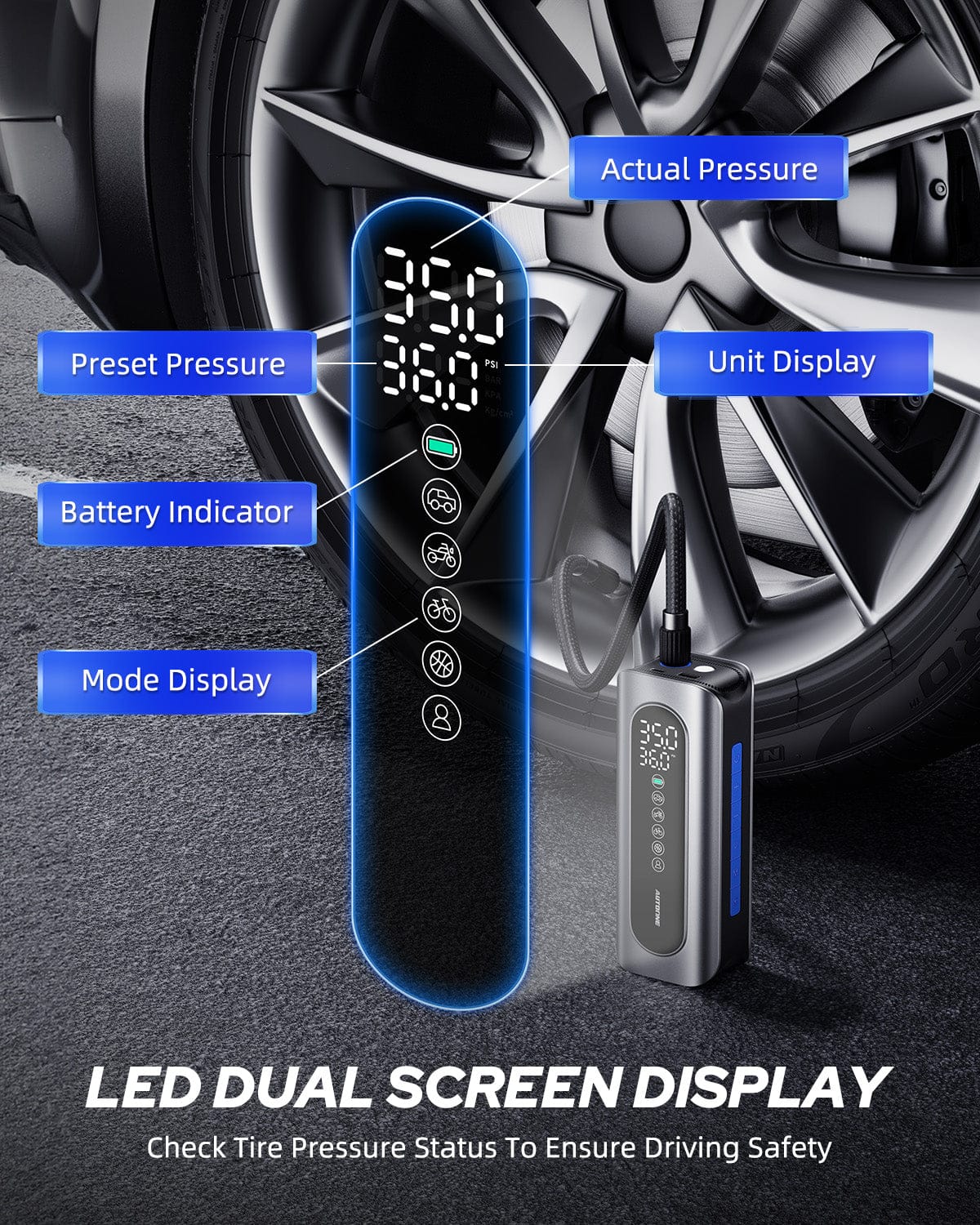 Autoone AUTOONE Tire Inflator Portable Air Compressor - 4X Faster 150PSI Cordless Air Pump with Digital Tire Pressure Gauge, 12V Car Power Adapter - for Car, Motorcycle, Bike, Ball and More
