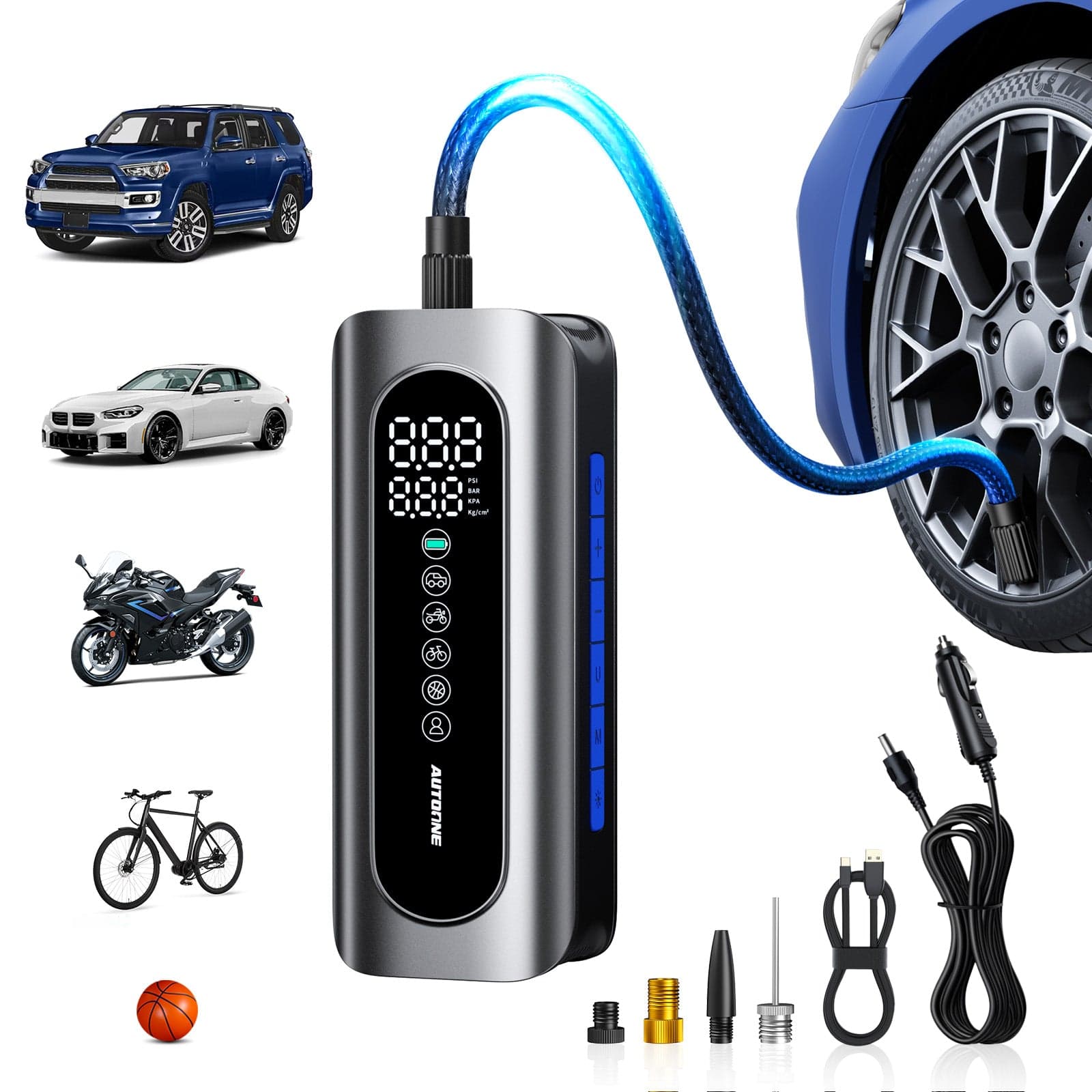 Autoone AUTOONE Tire Inflator Portable Air Compressor - 4X Faster 150PSI Cordless Air Pump with Digital Tire Pressure Gauge, 12V Car Power Adapter - for Car, Motorcycle, Bike, Ball and More