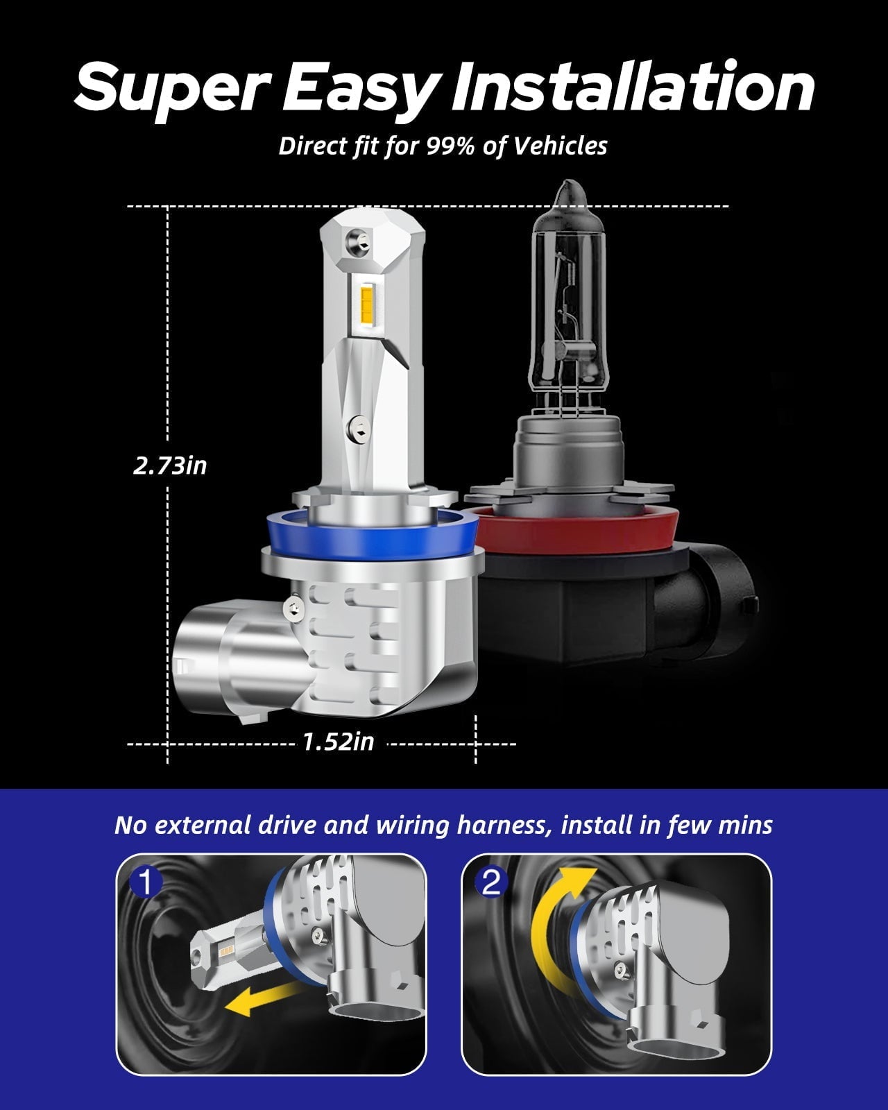 GONTSIG H11 LED Fog Light Bulbs - 60W, 16000LM, 6000K White, Fan Cooled, Pack Of 2, Fits H8/H9/H11