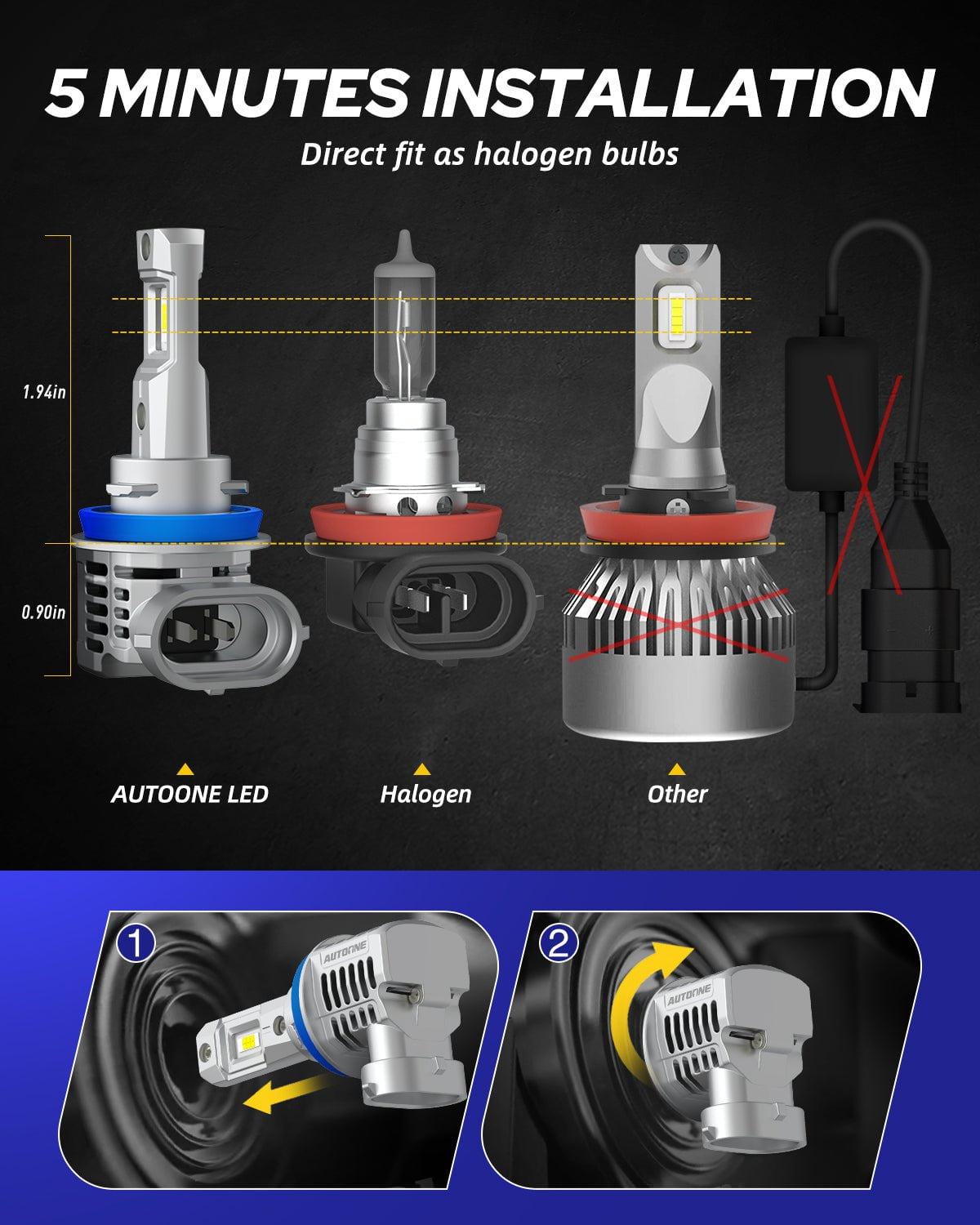 H8 H9 H11 LED Headlight Bulbs 6500K White 100W 22000LM Wireless