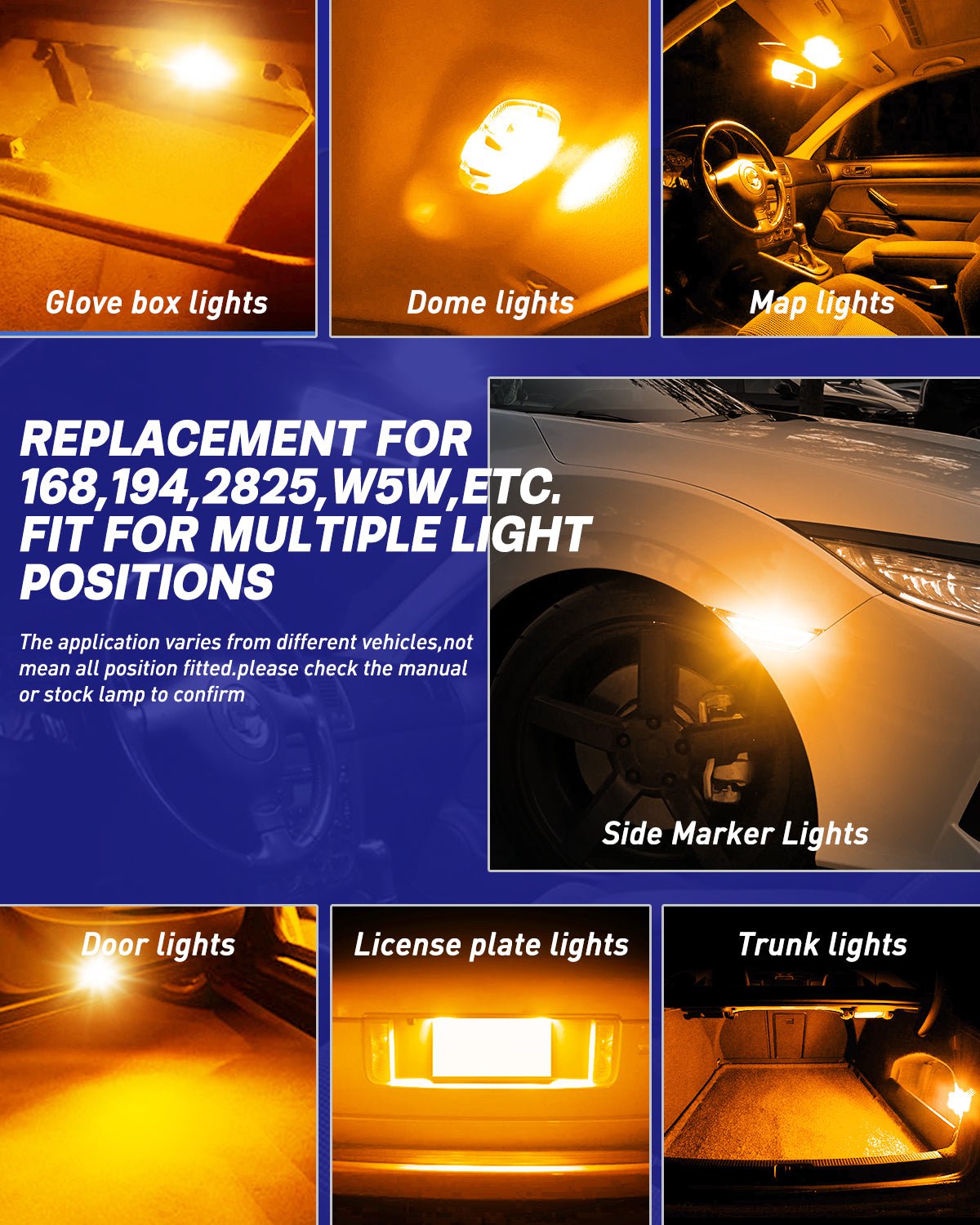 T10 168 2825 W5W 194 LED Bulb 6500K Yellow, Interior & Exterior Car Lights  2 PCS