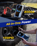 Autoone jump starter AUTOONE 8000A Jump Starter with Air Compressor (All Gas/12L Diesel), 150PSI Car Jumper Starter Portable, Jump Box Tire Inflator with LED Flashlight, LCD Display, Storage Case
