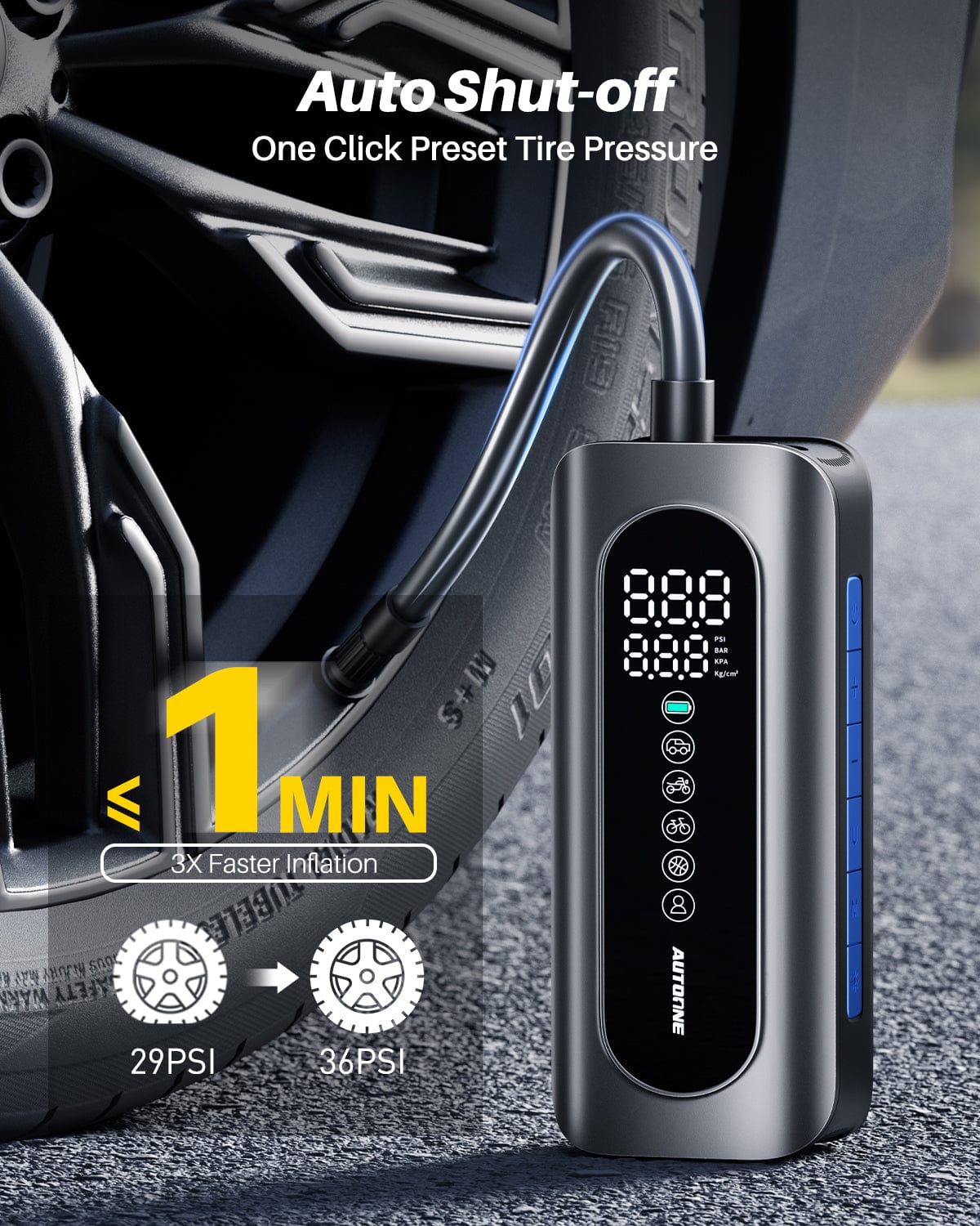 Autoone jump starter AUTOONE Tire Inflator Portable Air Compressor, 150PSI Air Pump for Car Tires with Tire Pressure Gauge, 3X Faster One Click Smart Cordless Tire Air Pump for Car, Motorcycle, Bike, Ball and More