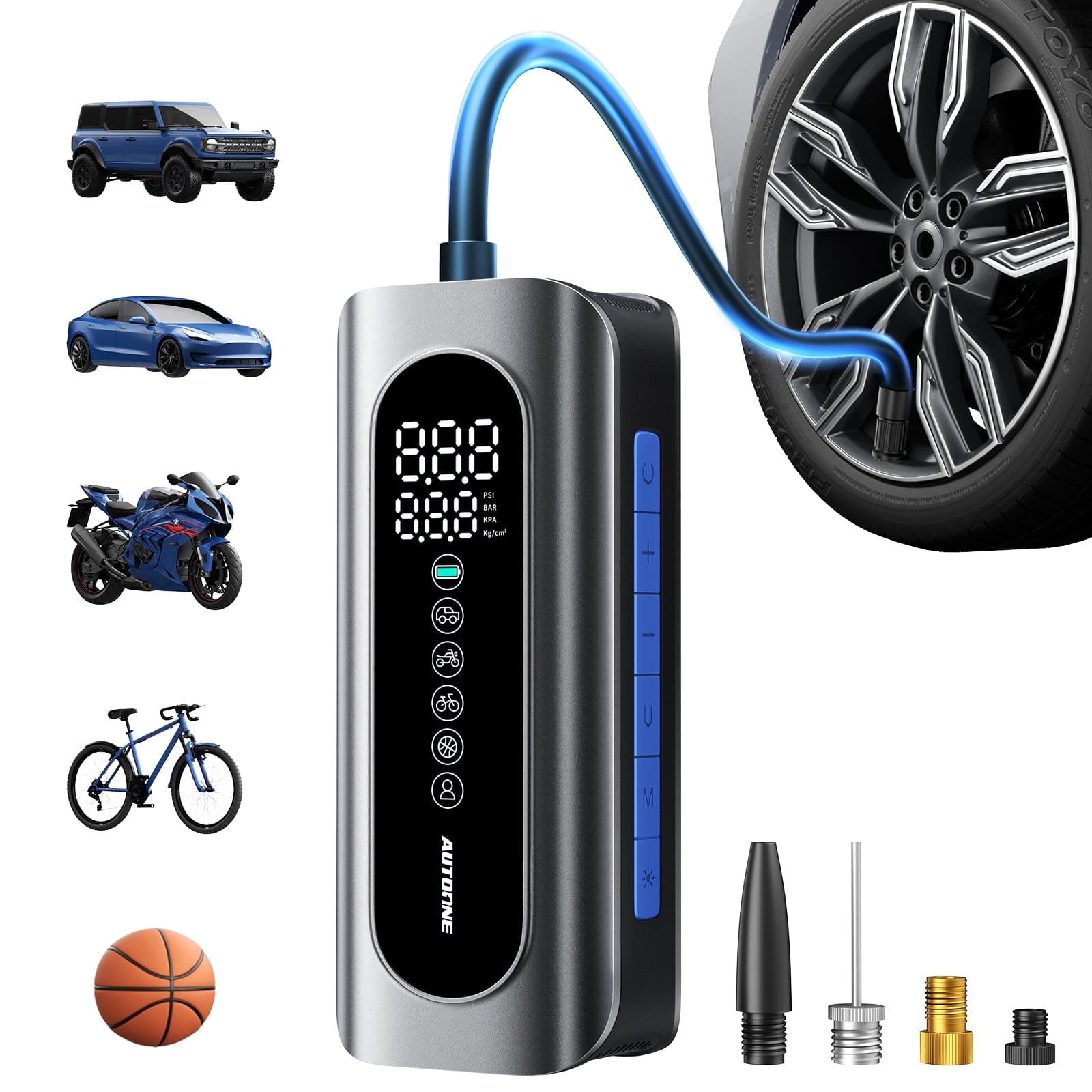 Autoone jump starter AUTOONE Tire Inflator Portable Air Compressor, 150PSI Air Pump for Car Tires with Tire Pressure Gauge, 3X Faster One Click Smart Cordless Tire Air Pump for Car, Motorcycle, Bike, Ball and More